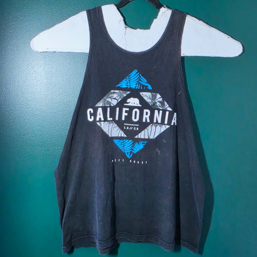 California West Coast Graphic Tank Top Mens XL Faded Black Palm Tree Bear